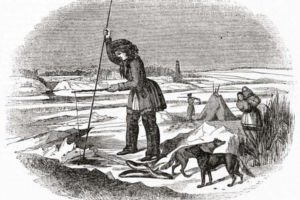 Chippewa native american people ice fishing hole on winter landscape. Ancient engraving style art The Penny Magazine, London 1837