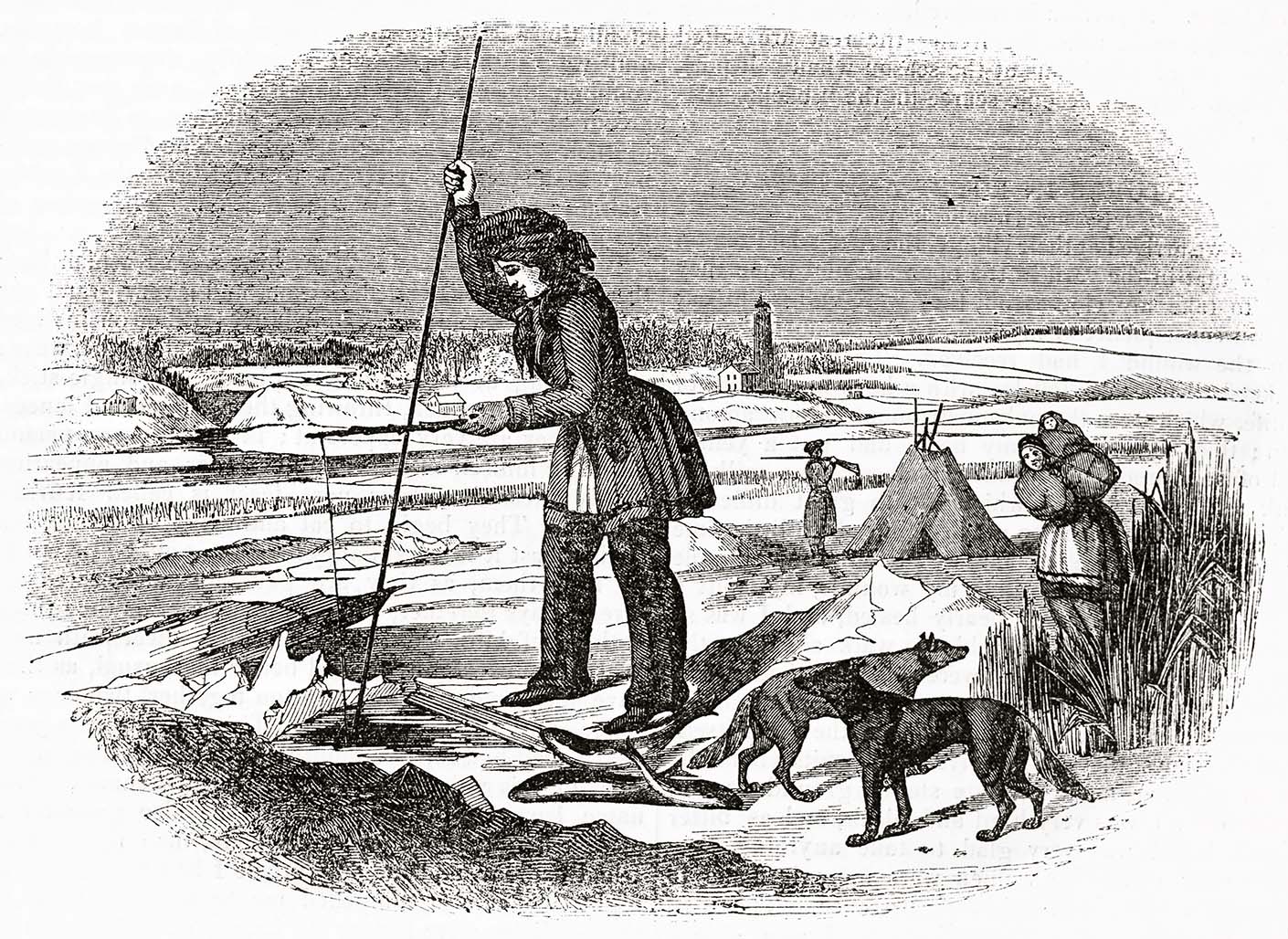 Chippewa native american people ice fishing hole on winter landscape. Ancient engraving style art The Penny Magazine, London 1837